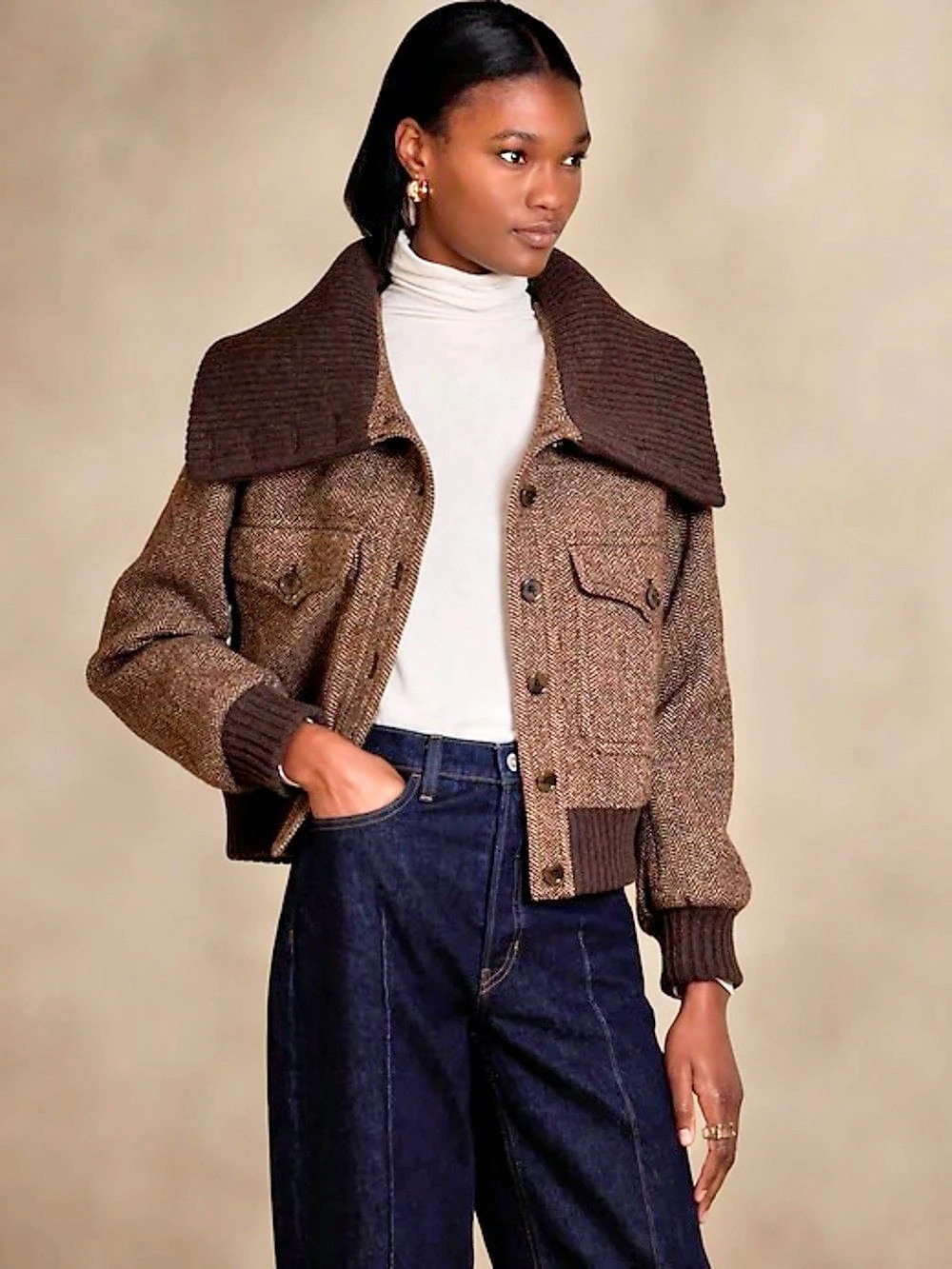 Banana Republic Ava Tweed Bomber Jacket Brown